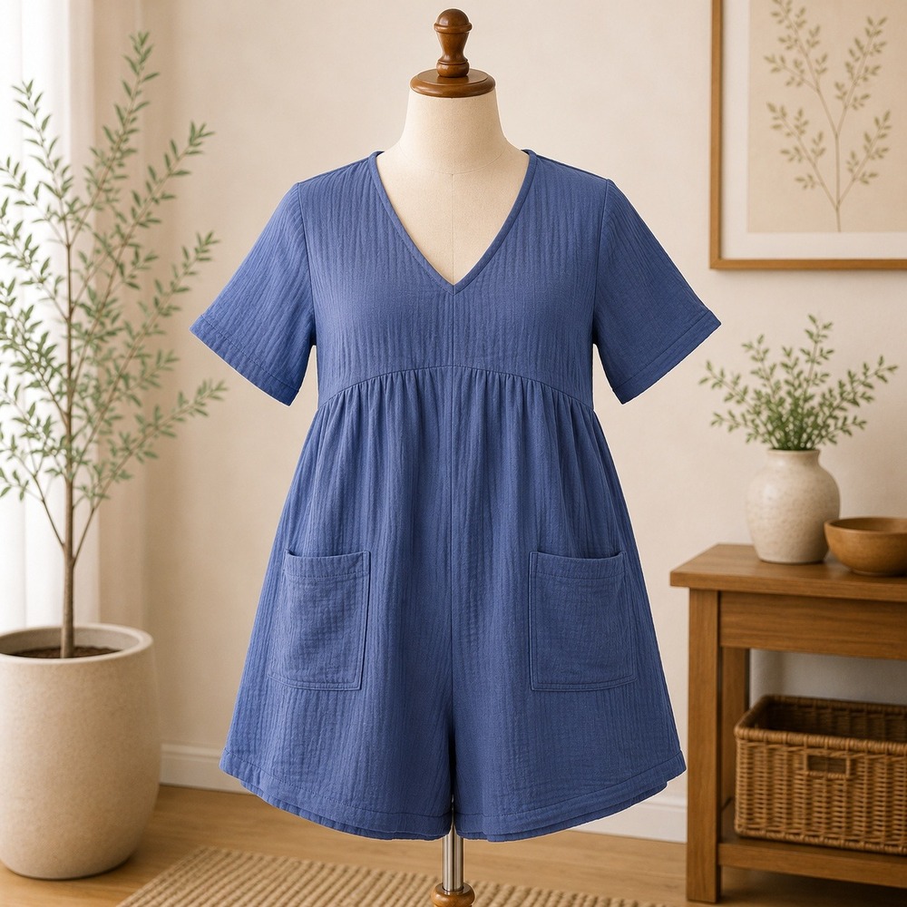 NWT Cupshe Romper‎ Womens Large Blue Short Sleeve V-Neck Textured Gauze CAA13E3M